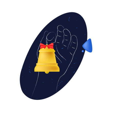 Vector drawn illustration with mixed 3d and linear style. An isolated hand holding vintage Christmas tree toy is depicted. Concept decorating and preparing for New Year, Christmas, family traditions.のイラスト素材