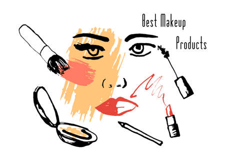 Woman Face among Makeup brushes and Cosmetics.のイラスト素材
