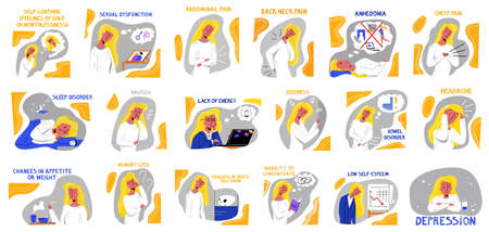 Set with a young woman suffering from Depressionのイラスト素材