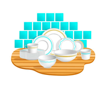 A Set white and clean porcelain elegant Dishesのイラスト素材