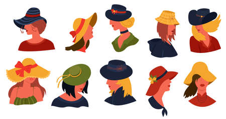 A Set of Elegant Beautiful Hats and Caps on Women.のイラスト素材