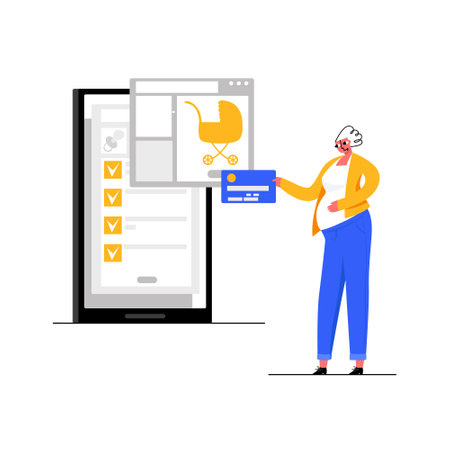 Pregnant Woman makes Purchases Online on Internetのイラスト素材