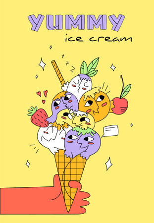A Hand Holds a Cone with animated Ice Cream Balls.のイラスト素材
