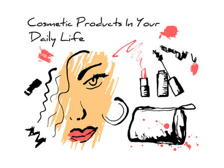 Woman Face among Makeup brushes and Cosmetics.のイラスト素材