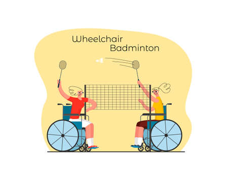 Vector isolated illustration Game of Badminton for Athletes with Disabilities in Wheelchairs, Women. The Concept of Active Recreation and Sports for People with Disabilities.のイラスト素材