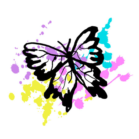 Vector hand drawn illustration with exotic, wild butterfly on colorful background of splashing drops. The concept tropical flying insects with beautiful wings, nature, romance.のイラスト素材
