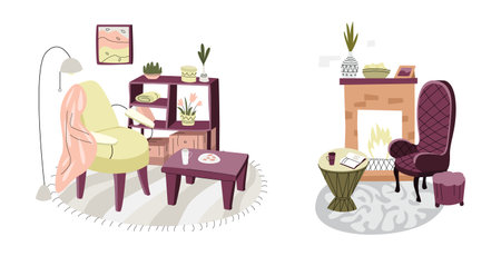 Vector set, a collection of drawn illustrations with accessories for the living room, recreation area, bedroom. Chairs, chairs, tables, fireplaces, lamps, decorative ornaments are depicted.のイラスト素材