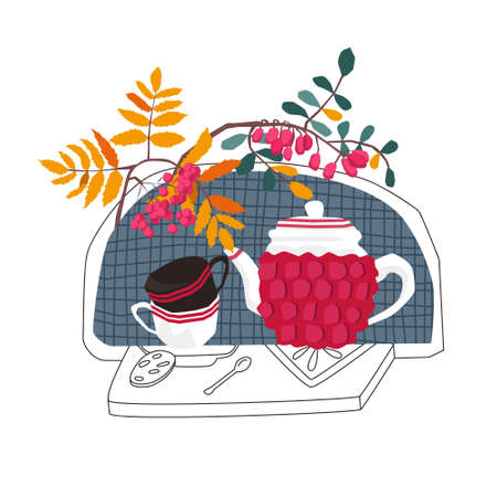 Vector illustration with a tea set, cups, teapot, against the background of mountain ash and barberry branches. Mixed flat and linear style. Concept of home comfort, the autumn season, tea drinking.のイラスト素材