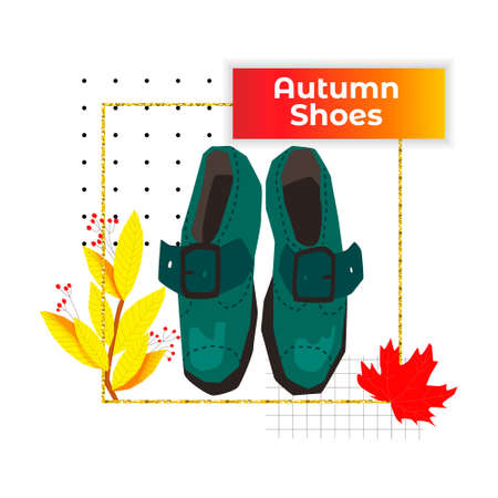 Vector illustration with autumn shoes, brogues with a buckle, top view. Concept of seasonal shoes. Background in the form of an autumn branch, fallen red leaf, a golden frame, abstract figures, text.のイラスト素材