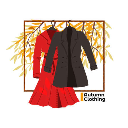 Vector illustration with warm autumn clothes hanging on a hanger against the background of autumn nature, trees. Concept seasonal clothing, natural fabric composition. Used in banners, posters, etc.のイラスト素材