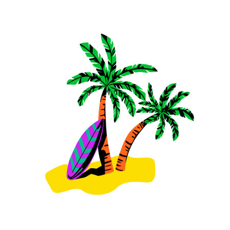 Vector illustration with a surfboard and palm trees on a sandy beach. The concept of summer outdoor activities, surfing, water sports. It can be used in logos, labels, advertising, posters, etc.のイラスト素材
