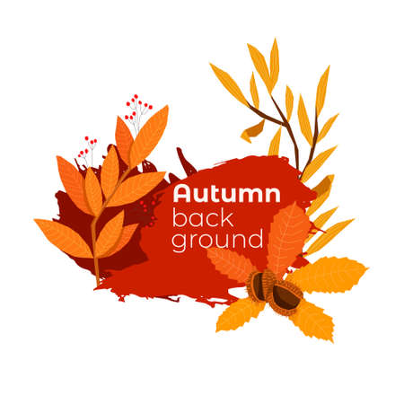 Vector illustration with an isolated abstract design, frames on the theme of autumn. Dried branches of chestnut, weeping willow, yellow leaves are depicted. There is an empty space for text, title.のイラスト素材