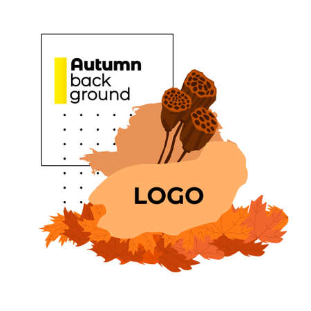 Vector illustration with an isolated abstract design, frames on the theme of autumn. Geometric shapes, dried lotus boxes, fallen yellow leaves are depicted. There is an empty space for text, title.のイラスト素材