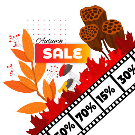 Vector illustration with isolated abstract design, frames on theme of autumn. Dried branches, dry box of lotos, yellow fallen leaves are depicted.のイラスト素材