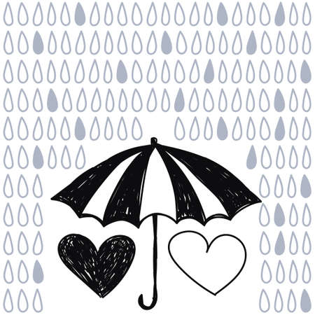 Vector linear drawn illustration with abstract shapes of pair hearts under an umbrella that protects them from falling rain. Concept background, backdrop for design of text, a website, in web design.のイラスト素材