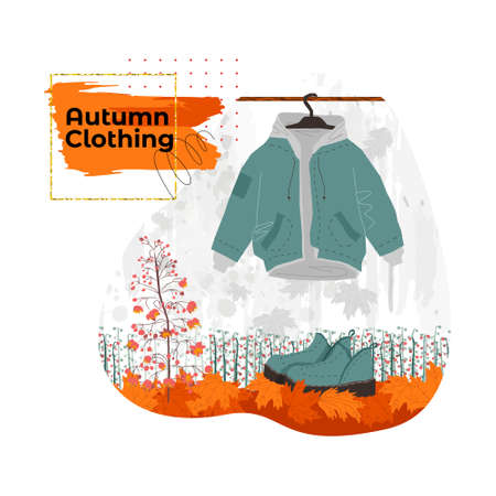illustration of boots, clothes on autumn foliageのイラスト素材
