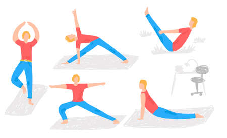 Vector flat image with character who does yoga.のイラスト素材