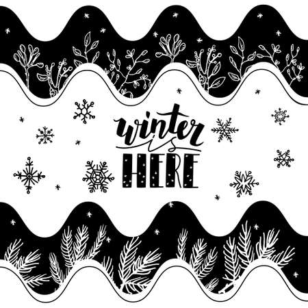Vector abstract illustration with plant elements and geometric shapes. There is a lettering winter here and branches of the Christmas tree. The concept of winter, Christmas, New Year.のイラスト素材