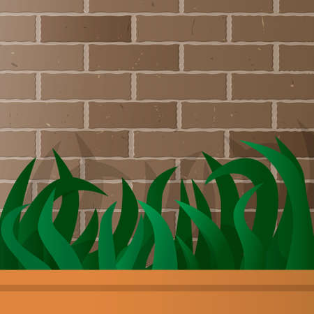 Vector 3d illustration of houseplant on a brick, brown, textured background. There is an empty space for text. Concept background, backdrop. It can be used for design of texts, social networks, etc.のイラスト素材