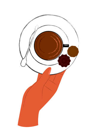 Vector flat image with an isolated hand that holds a cup of coffee with sweets. Concept morning, beginning of day, coffee, energy, sweets. You can use the element in web design, banners, etc.のイラスト素材