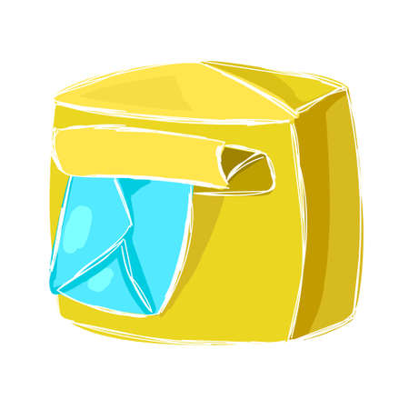Vector flat illustration with an isolated yellow open mailbox with letters. The concept of mail, parcels, letters, mailing, delivery. You can use the element in web design, banners, etc.のイラスト素材