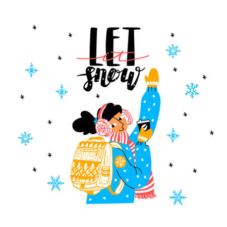 Vector isolated illustration with a young woman holding a hot cup of coffee and waving, greeting. Lettering let it snow. Concept winter, warm winter clothes. It can be used in web design, banners, etcのイラスト素材