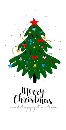 Vector, flat, linear illustration for a postcard layout. Vertical format. It depicts a Christmas tree decorated with toys, garland, lettering Merry Christmas and happy New Year. Concept celebration.のイラスト素材