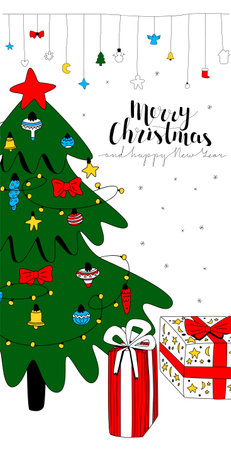 Vector, flat, linear illustration for a postcard layout. Vertical format. It depicts garland, gifs, Christmas tree decorated, toys, lettering Merry Christmas and happy New Year. Celebrating concept.のイラスト素材
