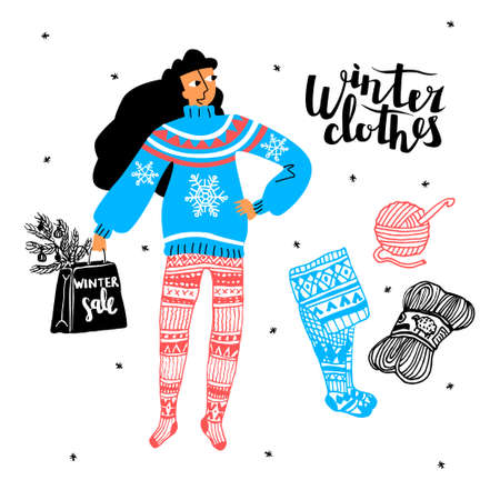 Vector flat, linear illustration of young woman holding package from store in her hand. Lettering winter clothes, knitted things, yarn, tights, sweater is also depicted. Concept winter, warm clothes.のイラスト素材