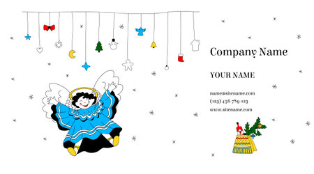 Vector flat illustration with a business card layout and place for personal data or company. Christmas garlands, package with gift, an angel on a background of snowflakes are depicted.のイラスト素材