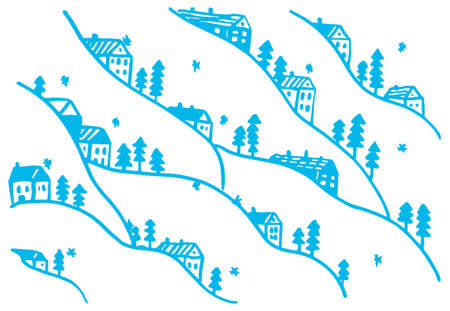 Vector doodle, linear illustration with elements of winter landscape, snowy slopes of mountains, hills and houses. The concept winter, background design. It can be used in web design, banners, etc.のイラスト素材