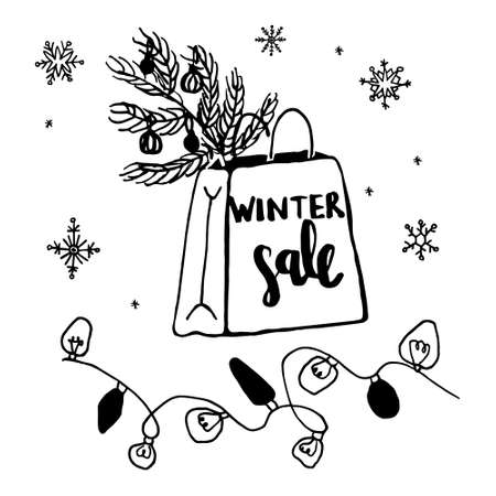 Vector doodle, linear set, garlands, shopping packet, Christmas tree branch decorated with toys, winter sale lettering against background of falling snowflakes. Concept winter, Christmas, new year.のイラスト素材