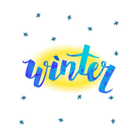 Vector illustration of color lettering winter with texture on the background of snowflakes, abstract sun. Concept season, winter. It can be used for website design, web design, posters, banners, etc.のイラスト素材