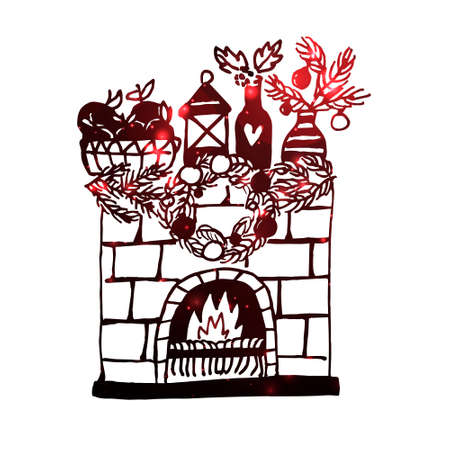 Vector abstract illustration of an isolated fireplace decorated with Christmas toys. Texture of the red starry sky, galaxies. You can use element in web design, banners, etc.のイラスト素材