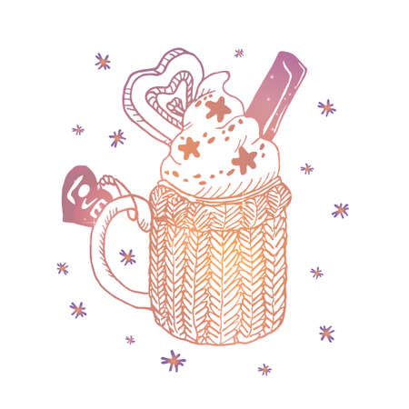 Vector abstract isolated illustration with a cup of warm coffee with whipped cream. Concept winter, comfort, romance, celebration, Christmas, new year. It can be used in web design, banners, etc.のイラスト素材