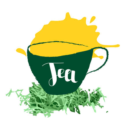 Vector abstract illustration with a simple cup of tea, lettering on a background of green grass and splashes. Concept tea, break, afternoon. It can be used for label design, web design, banners, etc.のイラスト素材