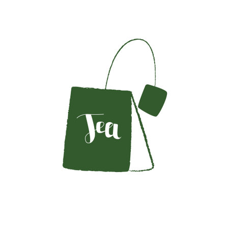 Vector simple illustration of an abstract silhouette of a tea bag with lettering. The concept break, rest, afternoon, tea drinking. You can use the element in web design, banners, etc.のイラスト素材