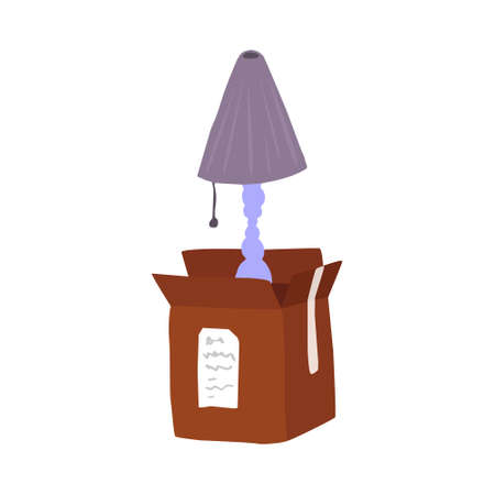 Vector isolated, flat, linear illustration with an open cardboard box with a floor lamp. Concept of moving and preparing, settling in. You can use the element in web design, banners, etc.のイラスト素材