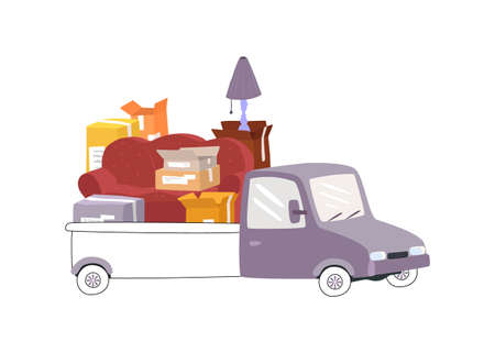Vector isolated illustration with an abstract, linear truck with boxes, sofa, lamp. Concept cargo transportation, delivery, relocation, moving, post. You can use element in banners, web design, etc.のイラスト素材