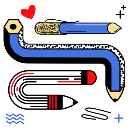 Vector abstract illustration with a set, a collection of stationery, pencils, pens and geometric shapes. The concept of education, school, business. It can be used in web design, banners, etc.のイラスト素材
