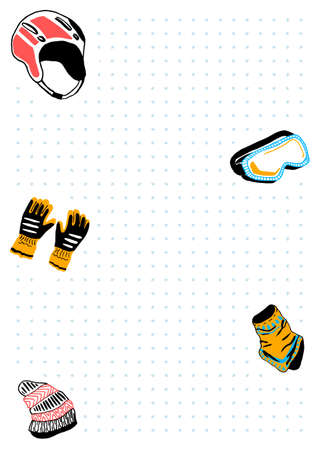 Vector layout of a notepad sheet in a6 format in points, Bullet Journal with snowflakes. Edges are decorated with elements winter sport, clothing, equipment, helmet, gloves, snood, ski goggles, hat.のイラスト素材