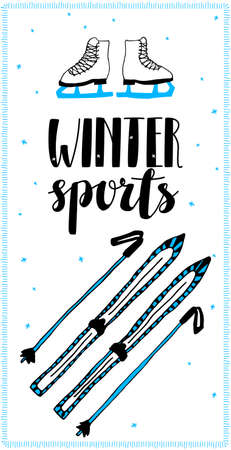 Vector flat, simple illustration of vertical postcard. There is lettering winter sports, ice skating, skiing, background snowflakes. Concept winter sports, clothing, equipment, competitions, holidays.のイラスト素材