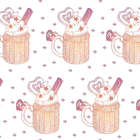 Vector abstract pattern with a cup of warm coffee with whipped cream, galactic sky, gradient. Concept winter, comfort, cozy, romance, celebration, Christmas, new year.のイラスト素材