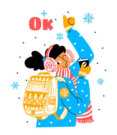 Vector flat image with linear elements. It depicts a young woman winking her eye in approval, thumbs up, text is OK. She is dressed winter warm clothes, holds a warm, delicious coffee in her hand.のイラスト素材