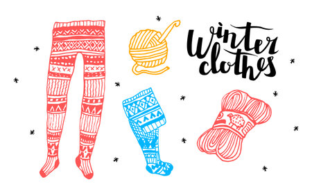 Vector winter illustration with set warm clothing. Knitted, patterned tights, skeins of yarn made of natural wool, lettering winter clothes are depicted. Background with snowflakes. Labels, etc.のイラスト素材