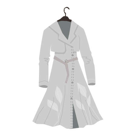 Vector isolated illustration with women s outerwear, warm, autumn, spring clothes. It depicts a gray English, fabric, elongated raincoat with a floral print. The concept of warm, demi season clothing.のイラスト素材