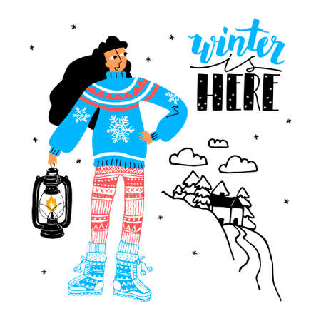 Vector flat image with woman in winter home clothes with kerosene lamp in her hand on background of a snowy hill, houses, Snowflake. There is lettering winter here. Concept season, Christmas, New Yearのイラスト素材