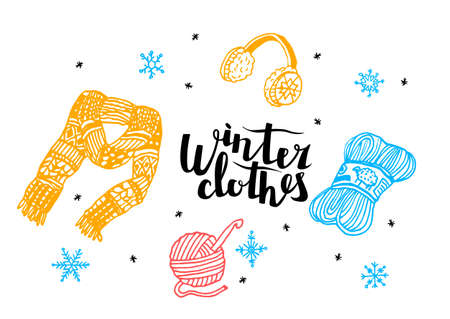 Vector flat illustration with knitted, warm clothing elements, lettering winter clothes. Scarf, headphones, skein, ball of yarn, threads are depicted. Concept the season, fashion, Christmas, New Year.のイラスト素材