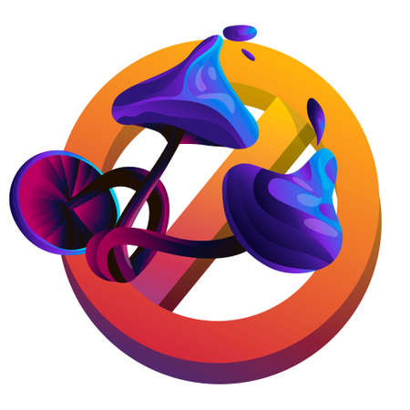 Vector illustration with hallucinogenic, psychedelic, Mushrooms on background of crossed out stop sign. Bright acidic colors, gradient. Concept no drugs, protection.のイラスト素材