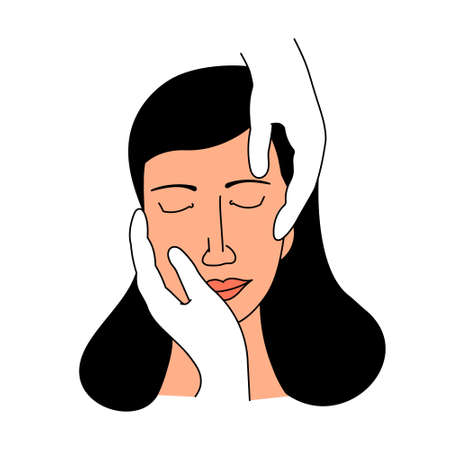 Vector isolated illustration with the procedure of aesthetic, cosmetic, anti aging massage or osteopathic seance. The face young woman and hands of specialist, a professional are depicted.のイラスト素材